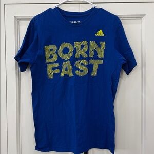 Adidas Men’s Medium. Blue with neon Yellow graphic lettering saying “Born Fast”